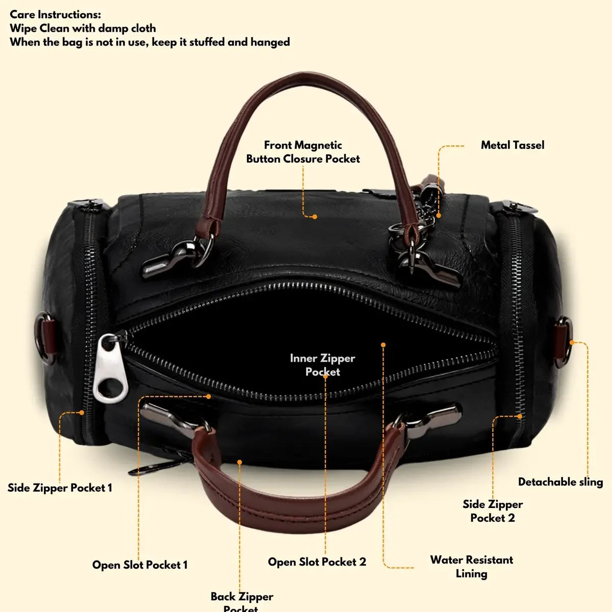 Timeless Mystique Satchel Handbag Black Spacious Interior View