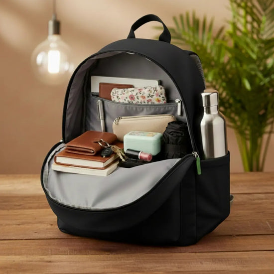 Everyday Essentials minimalist backpack in black with clean silhouette for everyday organization