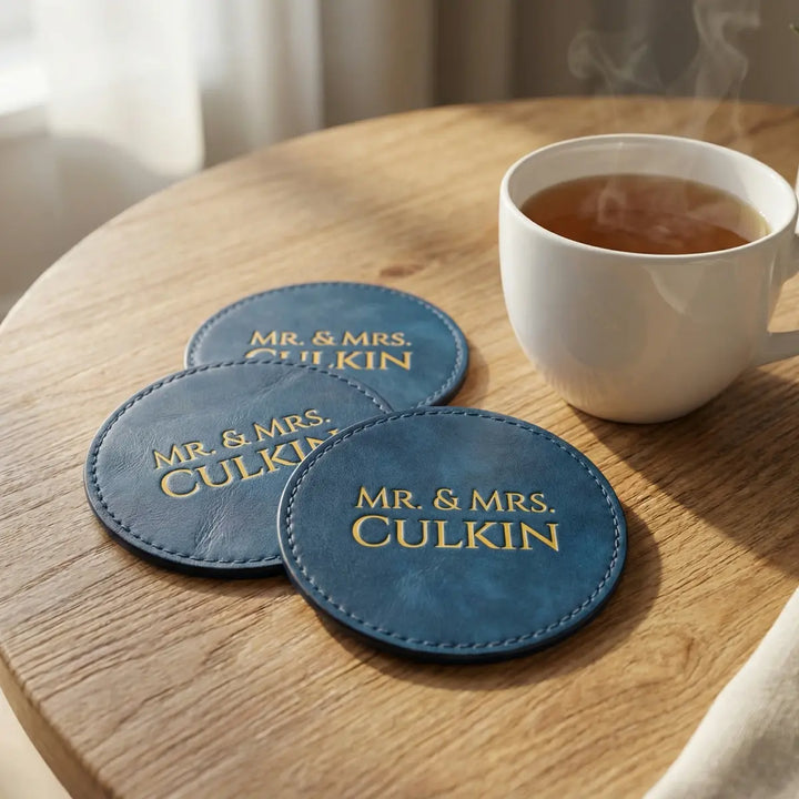 PU Vegan Leather Customized Tea Coaster Set Round – Set of 4