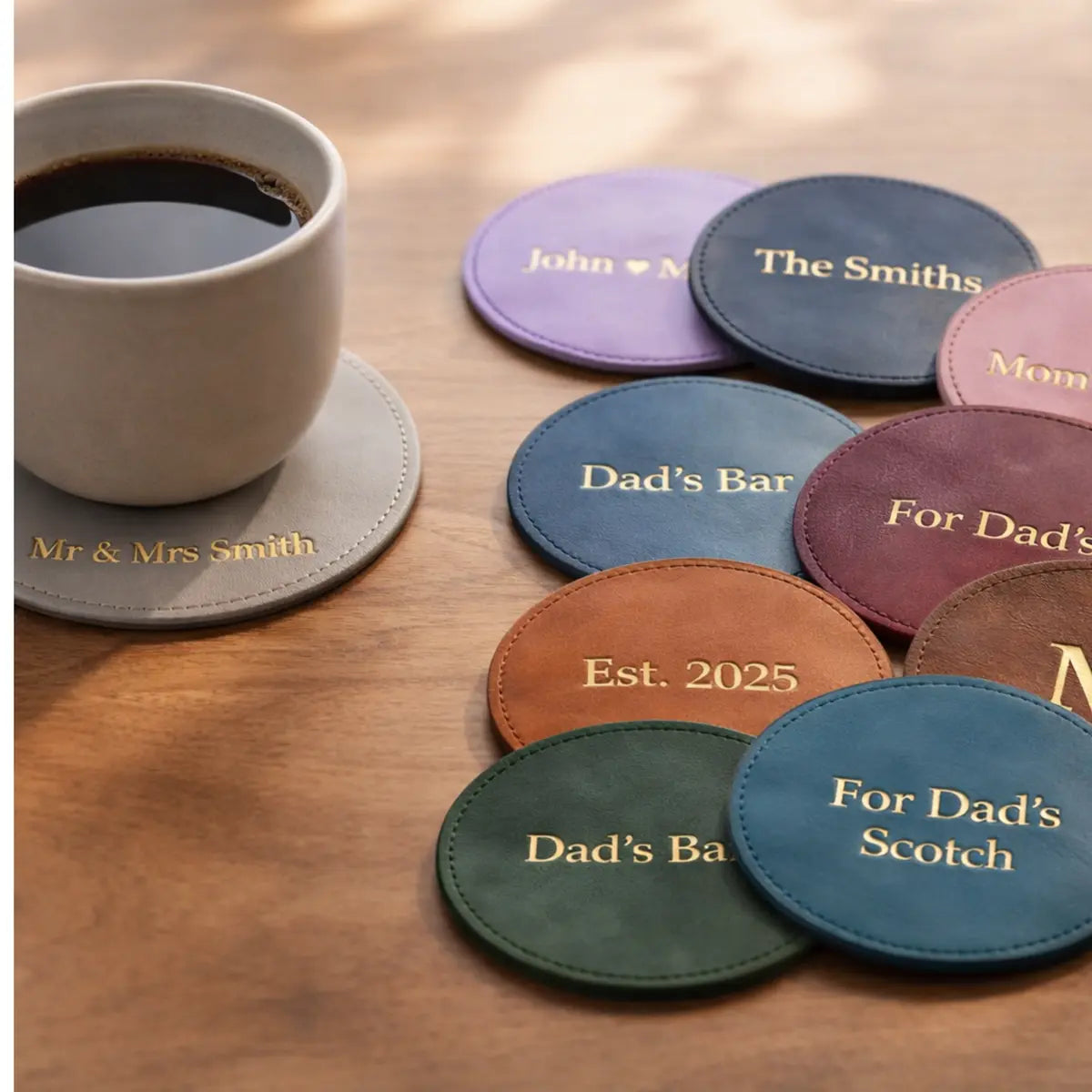 PU Vegan Leather Customized Tea Coaster Set Round – Set of 4