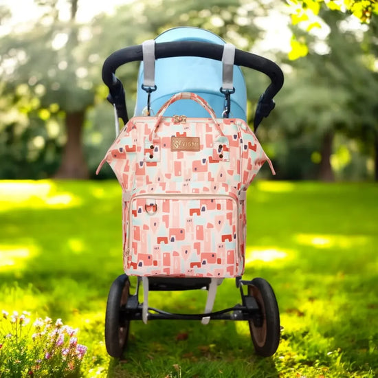 Stylish-Geometric-Pink-Diaper-Bag-Backpack-for-Moms