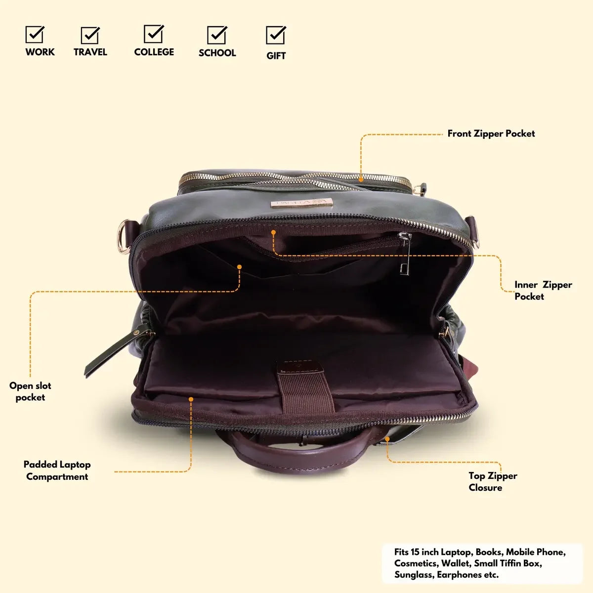 Timeless Diva Women Laptop Backpack - Olive Green