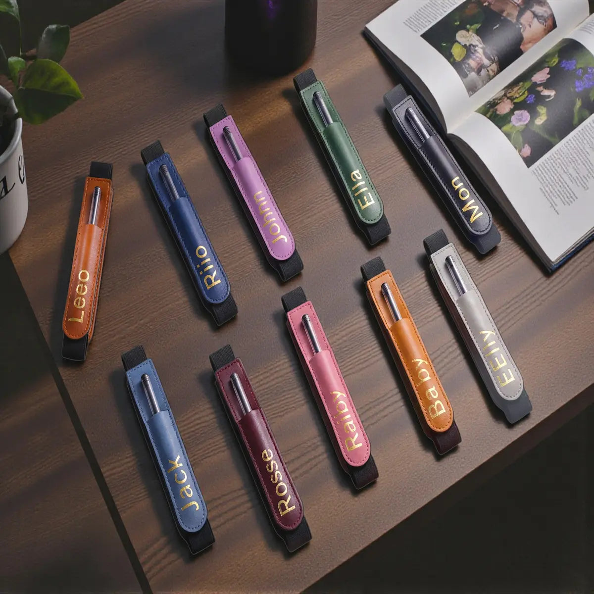 Personalized Vegan Leather Bookmark with Pen Holder Set of 5