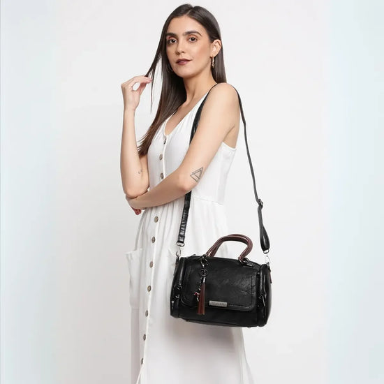 Timeless Mystique Satchel Handbag Black Side Profile and Details
