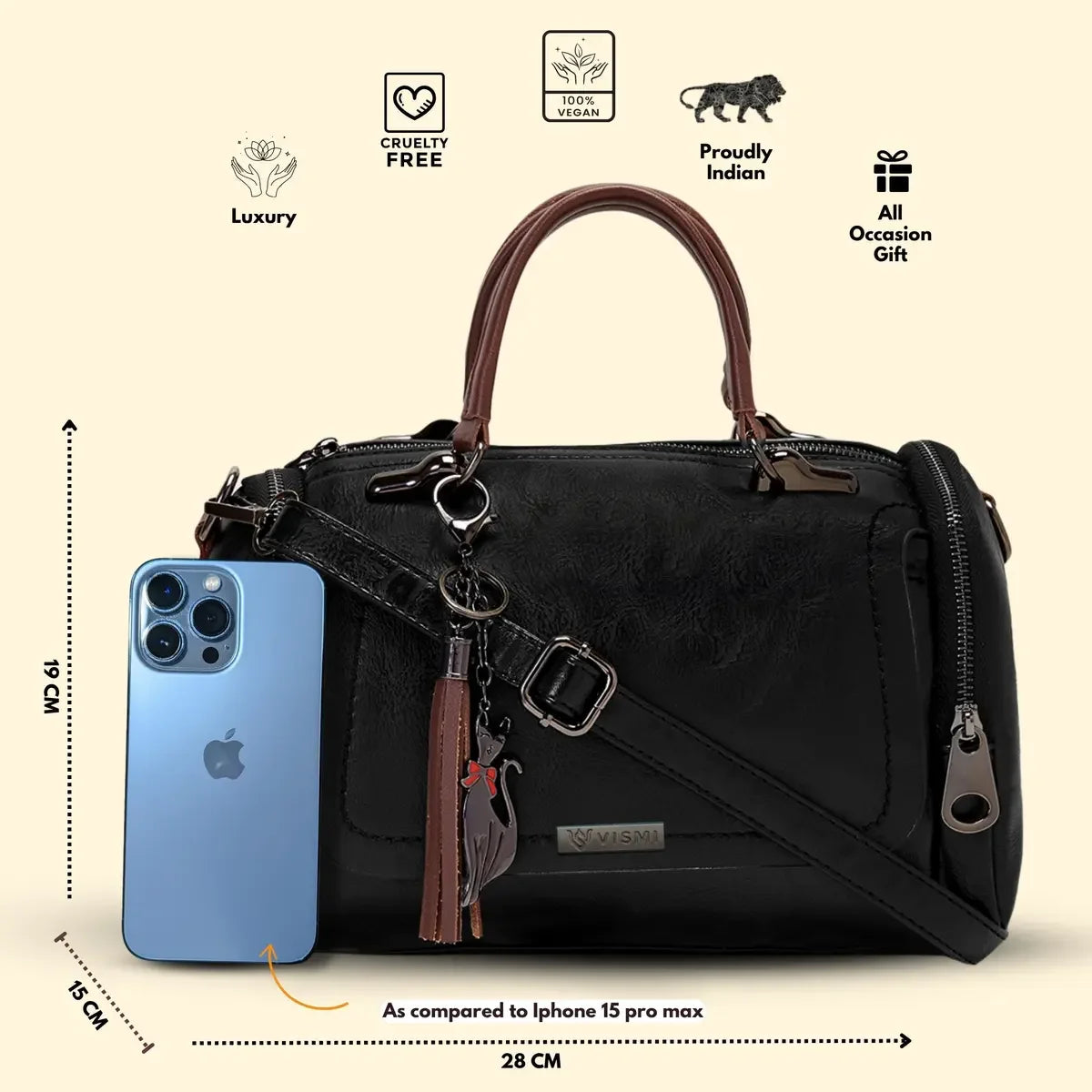 Timeless Mystique Satchel Handbag Black Top Handle and Strap