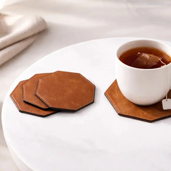 PU Vegan Leather Customized Tea Coaster Set Hexagon – Set of 4