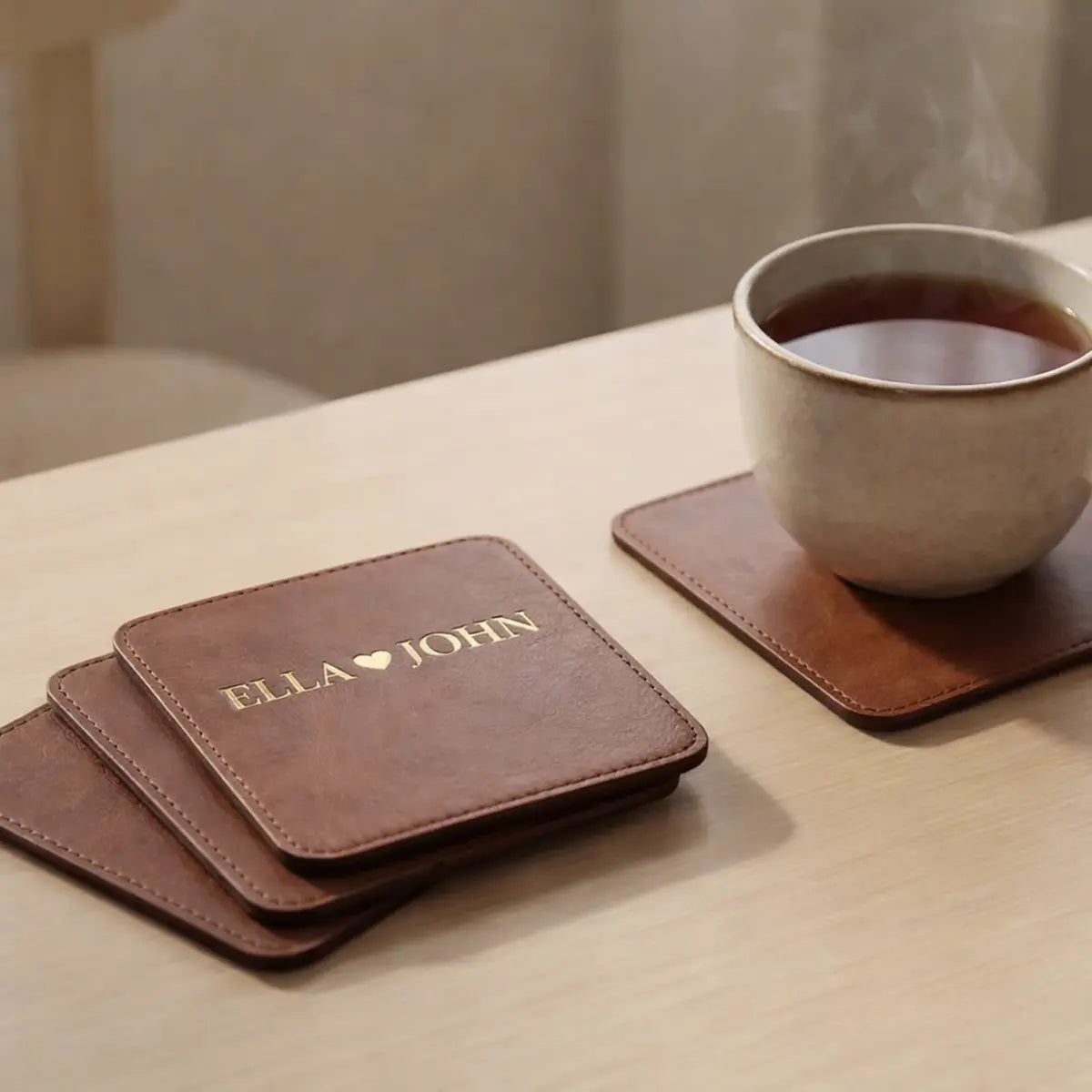 PU Vegan Leather Customized Tea Coaster Set Square – Set of 4