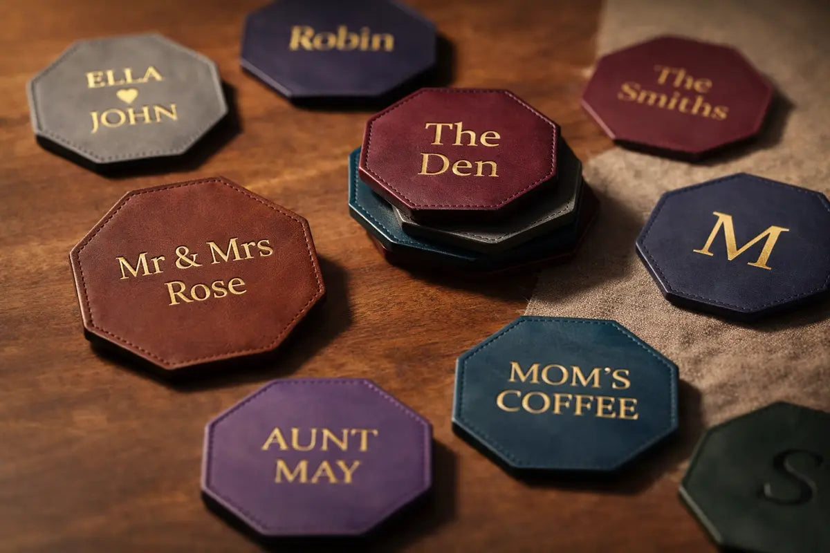 Text Tea Coaster PU Vegan Leather Customized Tea Coaster Set Hexagon – Set of 4